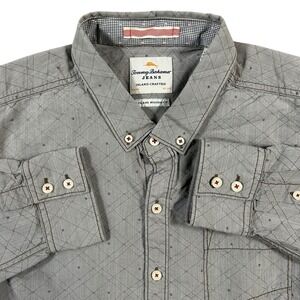 Tommy Bahama Jeans Button Up Shirt Men's XL Gray Plaid Island Modern Fit Texture